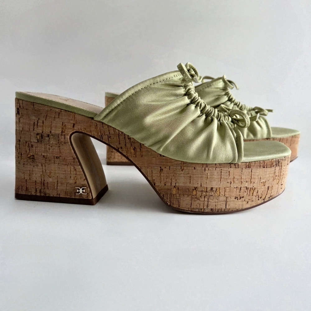 Sam Edelman Cork Platform Slip-On Sandals, Green Satin & Cork, EUC Size 9 - Picture 16 of 16